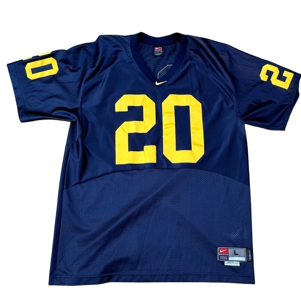 Vintage NIKE Michigan Football Jersey, Large, Length + 2,  # 20; Blue & Gold